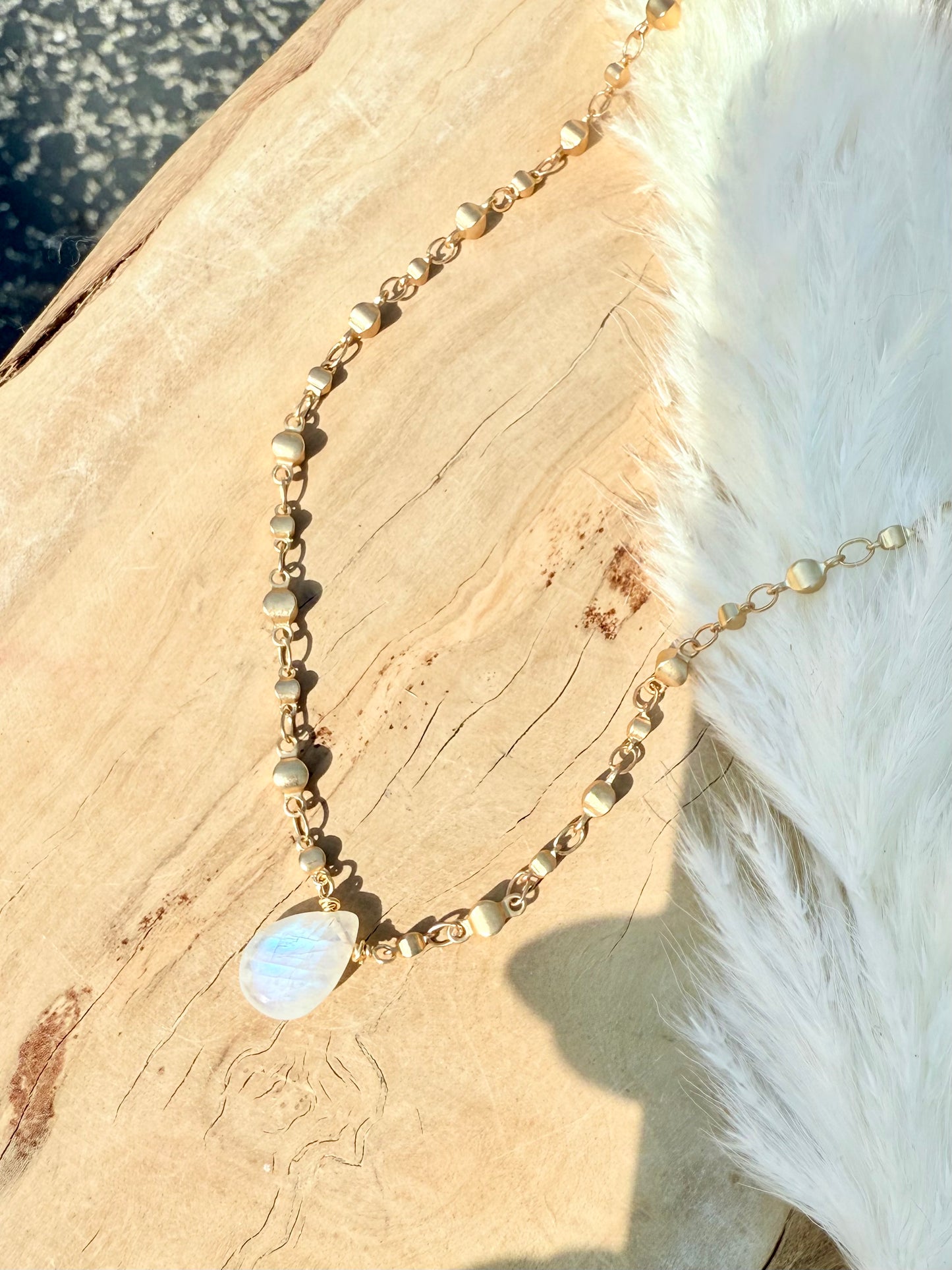 Rainbow Moonstone + Matte Gold Necklace