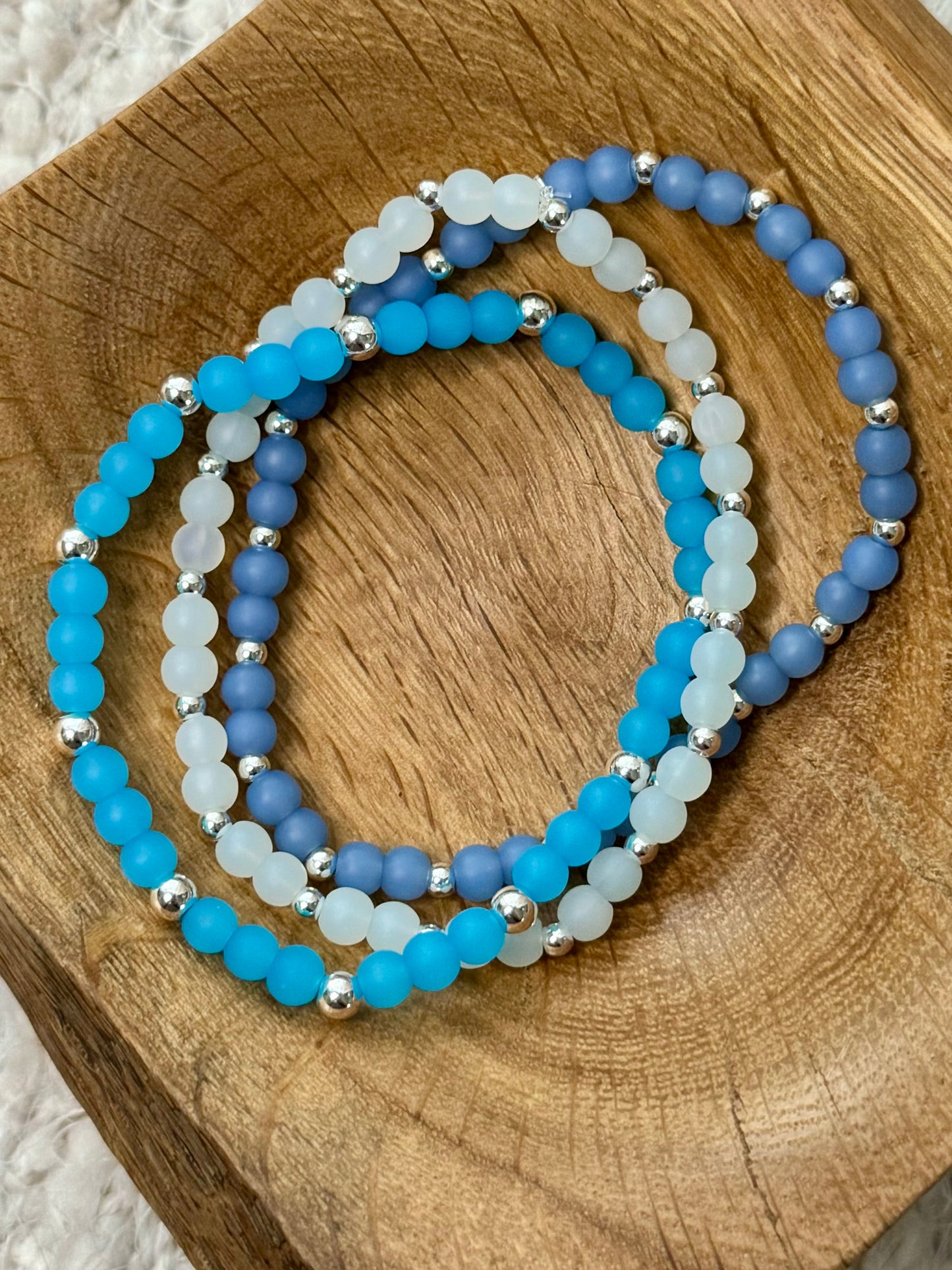 Blue Sea Glass + Silver (3-stack)