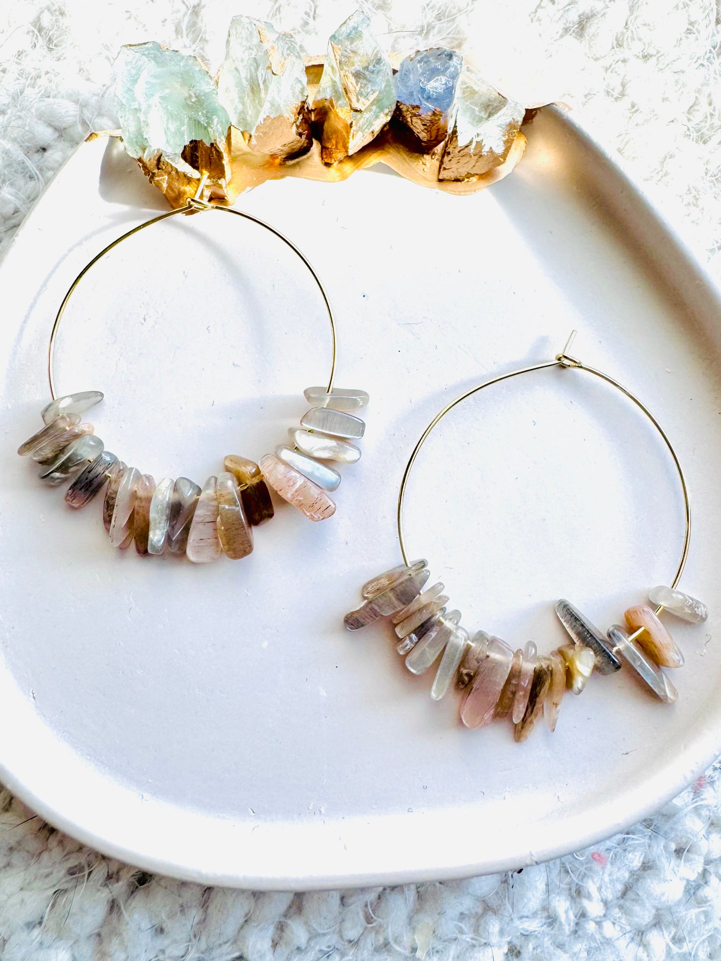 Mixed Moonstone + Gold Hoop Earrings