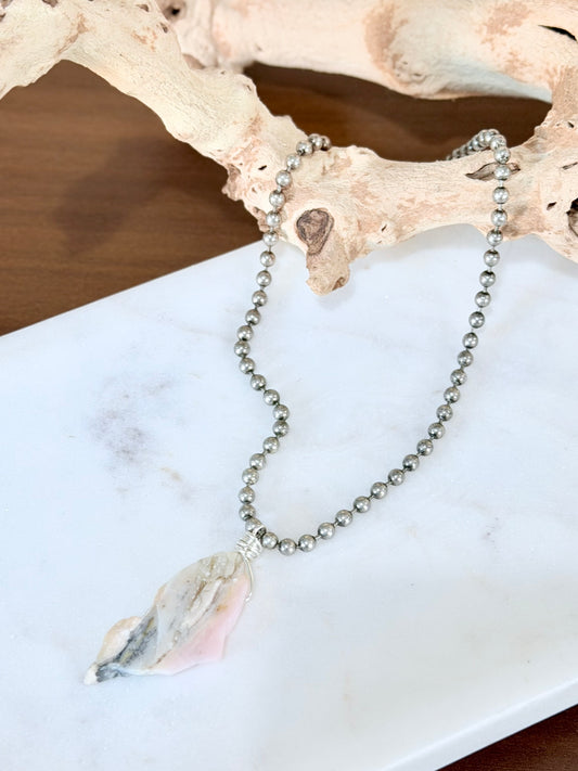 Pink Opal + Antique Silver Ball Chain Necklace
