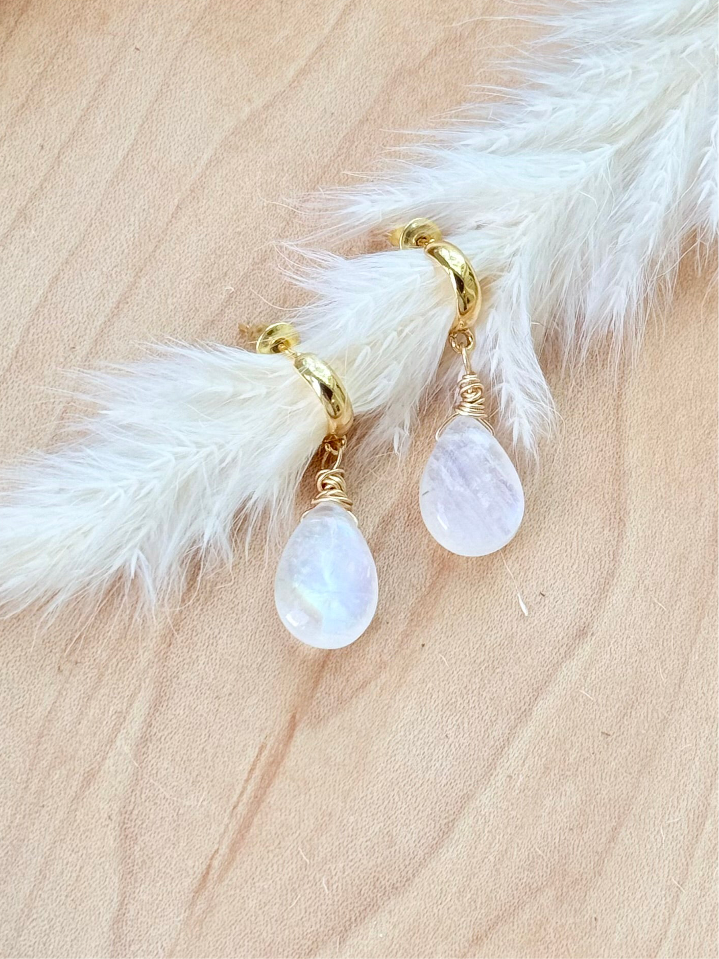Rainbow Moonstone + Gold Hoop Earrings