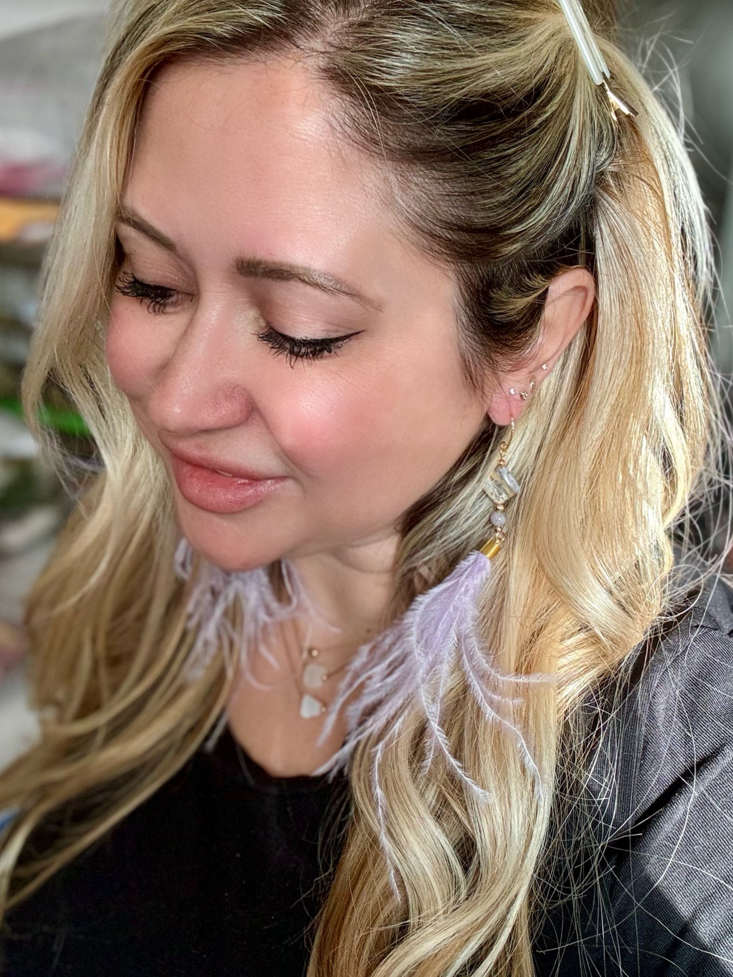 Amethyst Sage Agate + Gold Lavender Feather Earrings