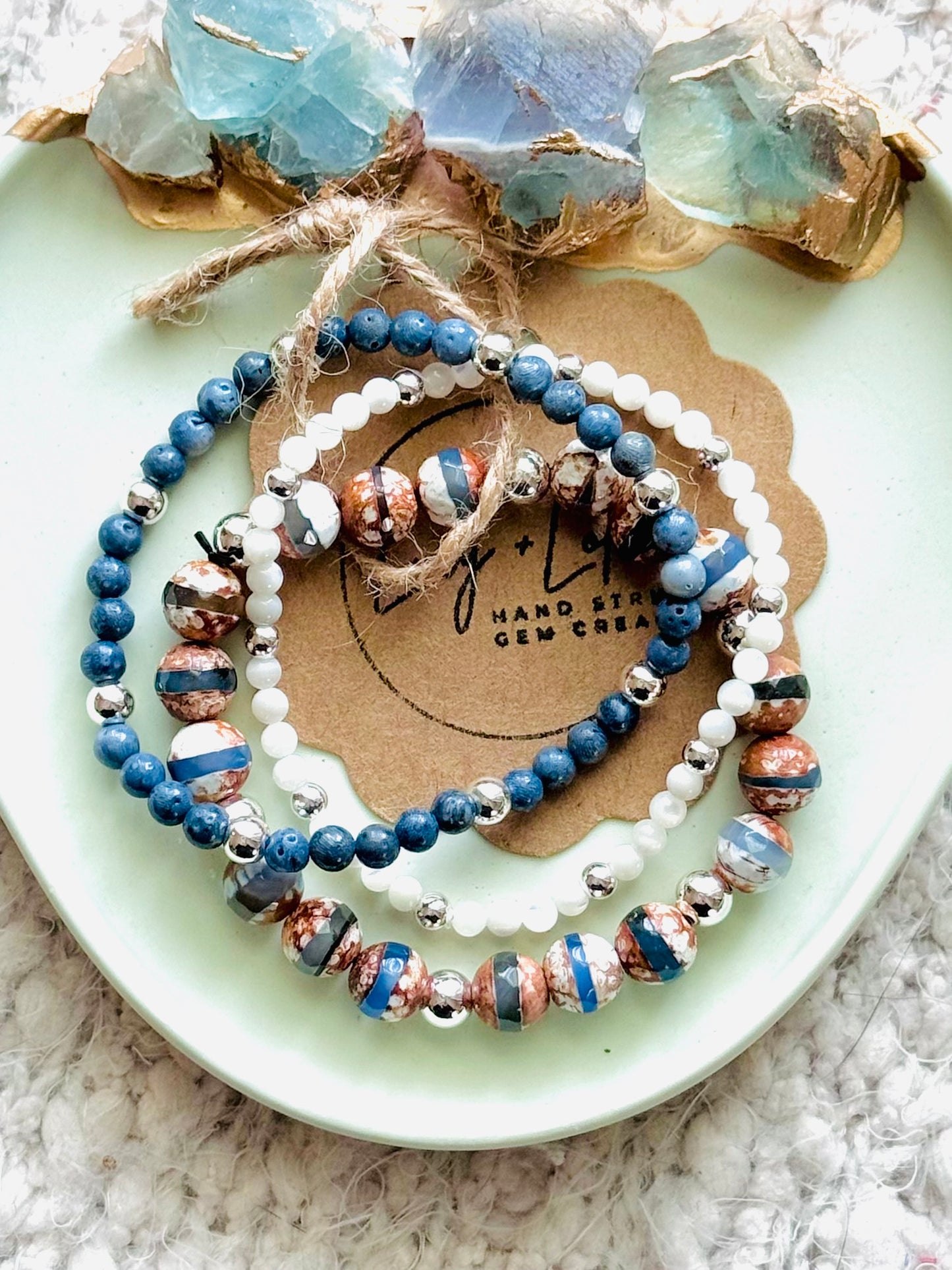 Blue + Tibetan Agate in Silver Stack (3-stack)
