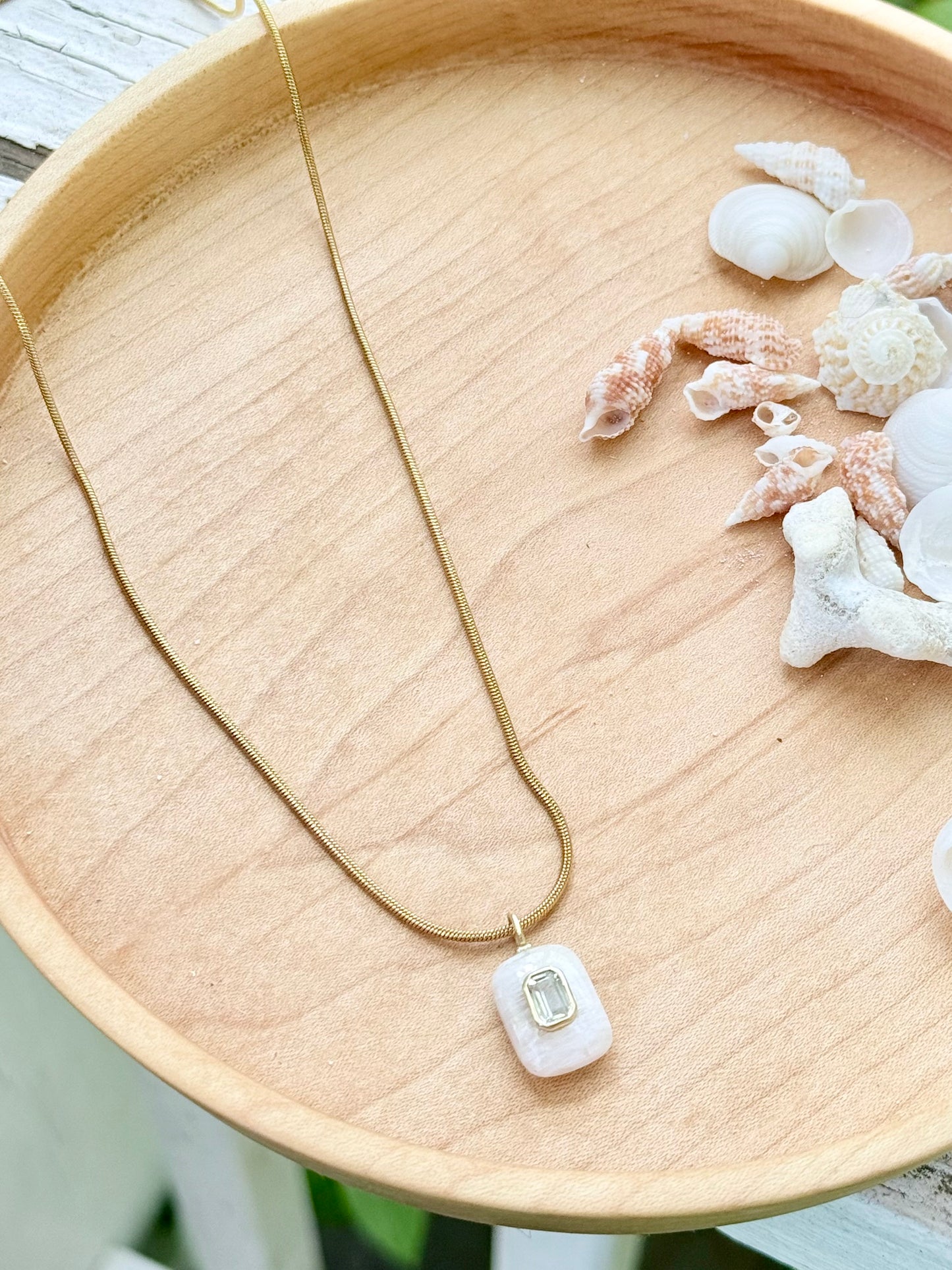 Rainbow Moonstone + White Topaz Gold Necklace