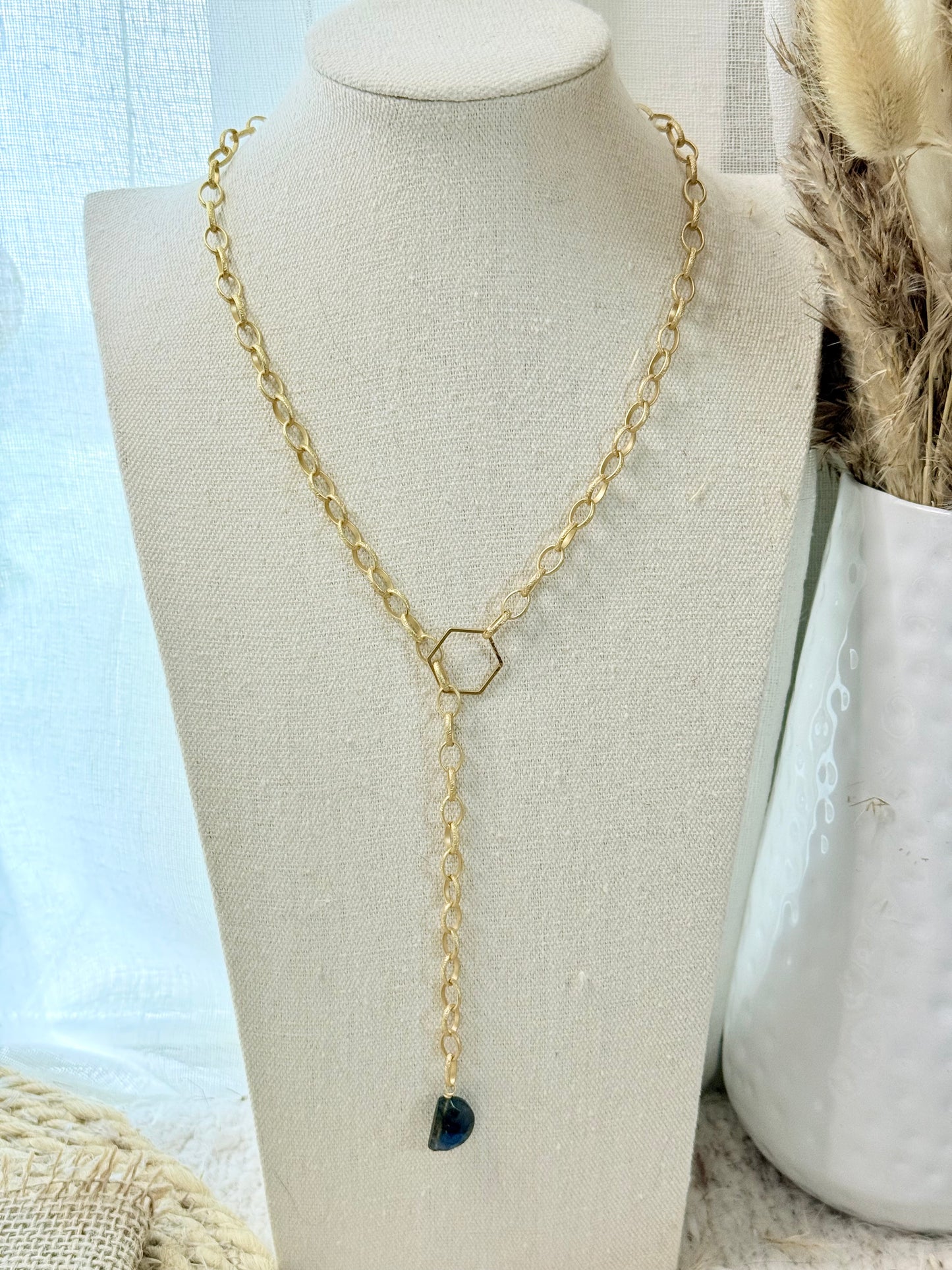 Labradorite + Matte Gold Pull Through Lariat Necklace