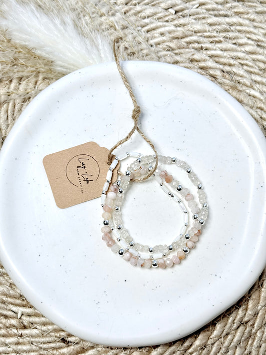 Rose Quartz + Cherry Blossom Agate in Silver Stack (3-stack)