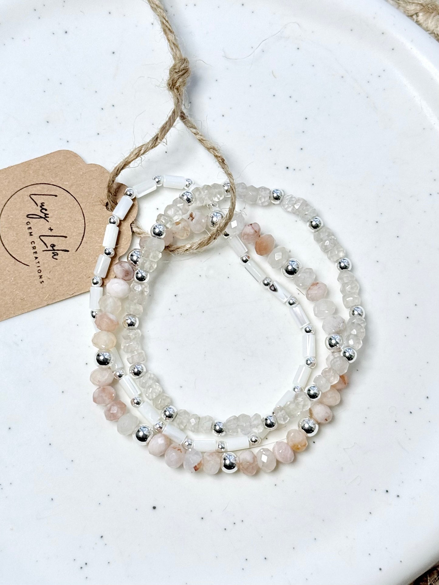 Rose Quartz + Cherry Blossom Agate in Silver Stack (3-stack)