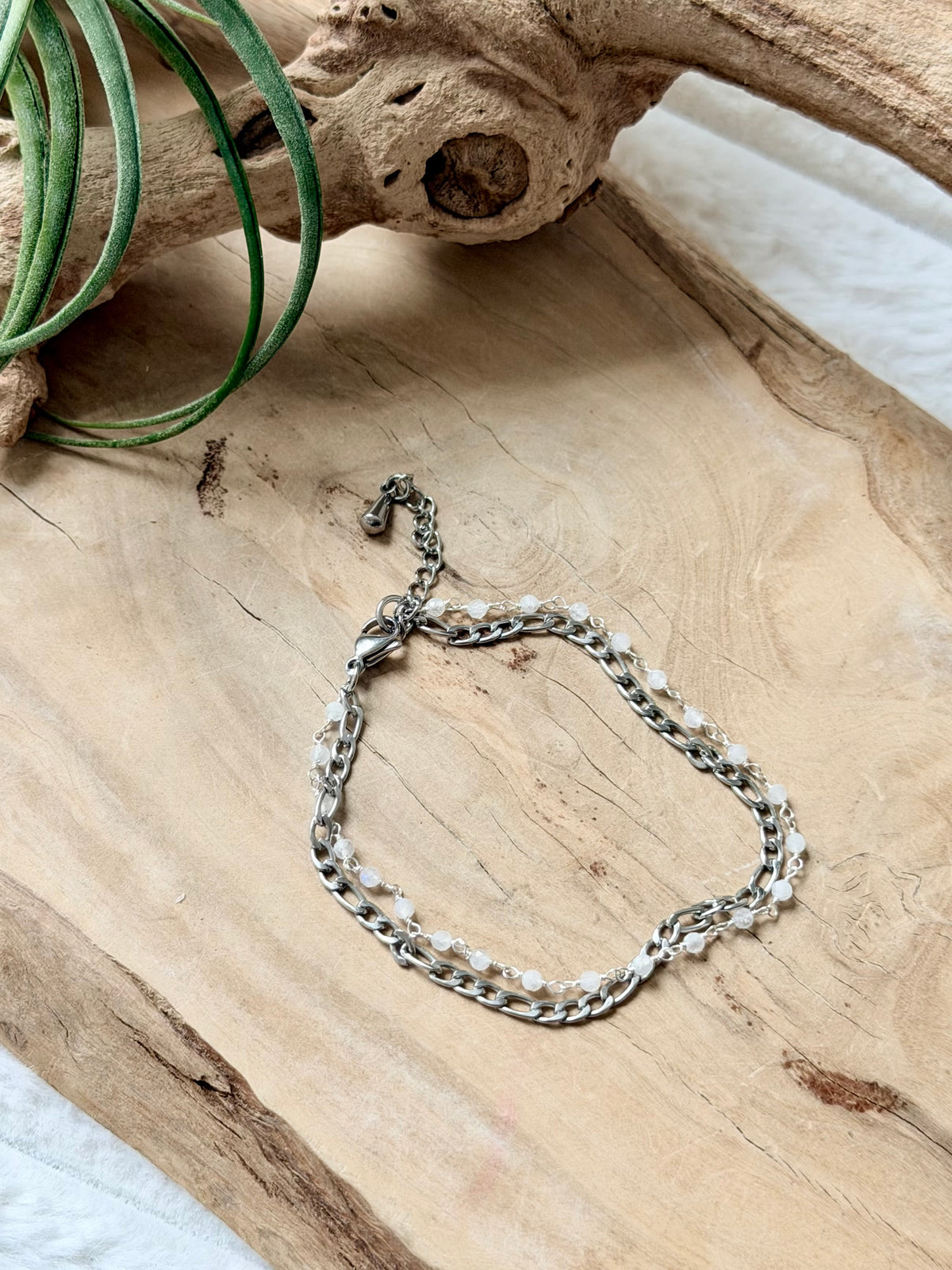 Rainbow Moonstone + Stainless Steel Skinny Duet Bracelet