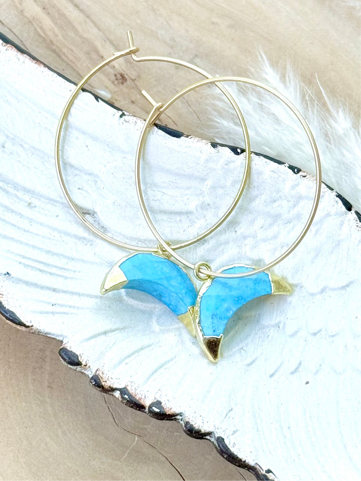 Turquoise Moon + Matte Gold Hoop Earrings