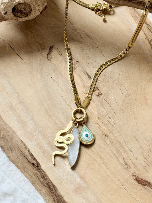 Moonstone + Gold Protection Carabiner Herringbone Necklace