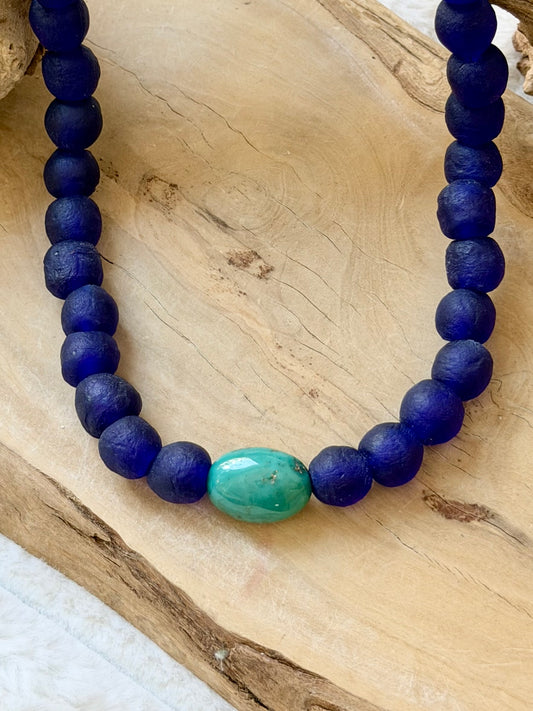 Tibetan Turquoise + Cobalt Blue African Glass Chunky Necklace