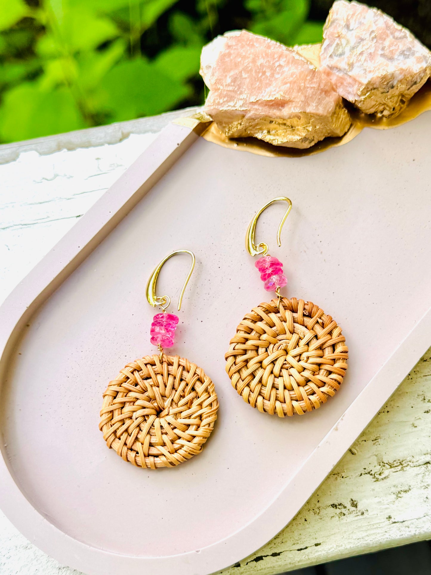Pink Topaz + Gold Mini Rattan Earrings