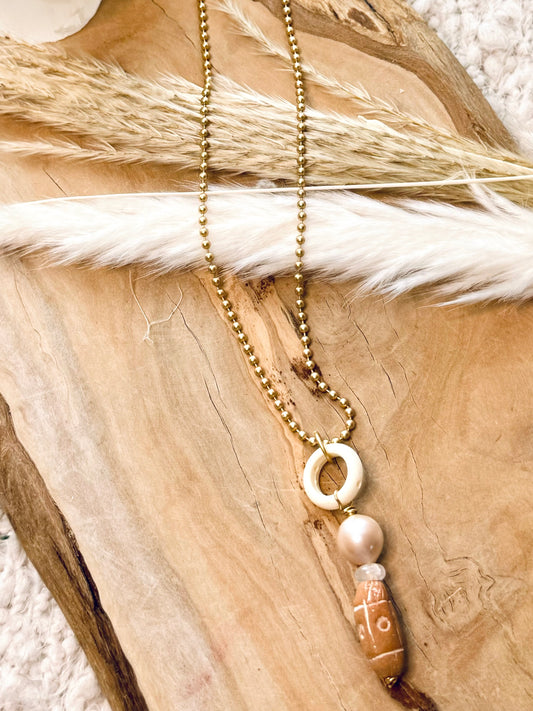Freshwater Pearl, African Ceramic + Matte Gold Boho Necklace
