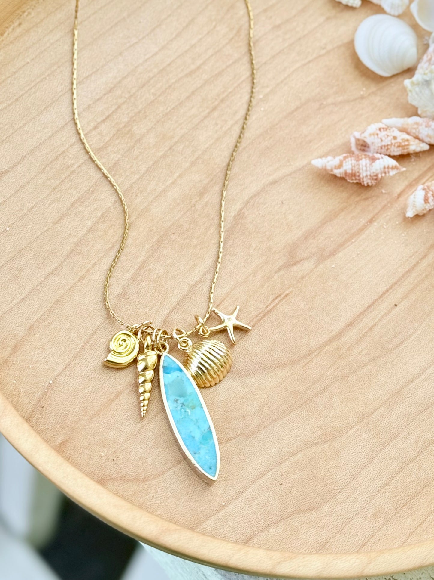 Turquoise + Gold Seashell Charm Necklace