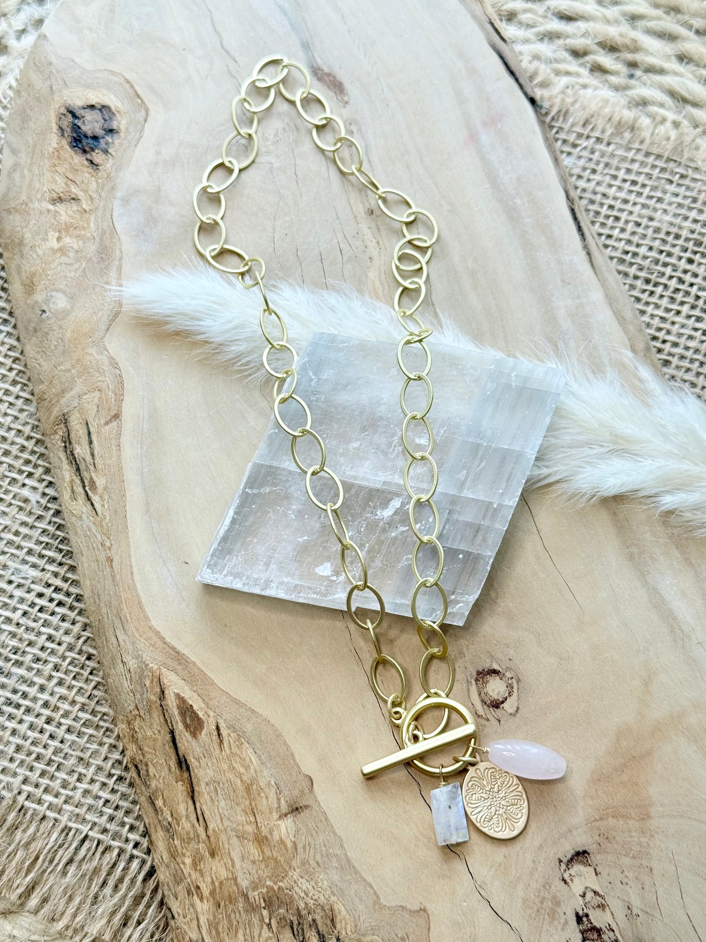 Rose Quartz + Moonstone Gold Charm Toggle Necklace