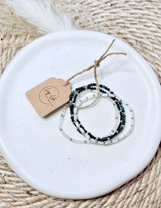 Malachite + Jade in Silver Stack (4-stack)