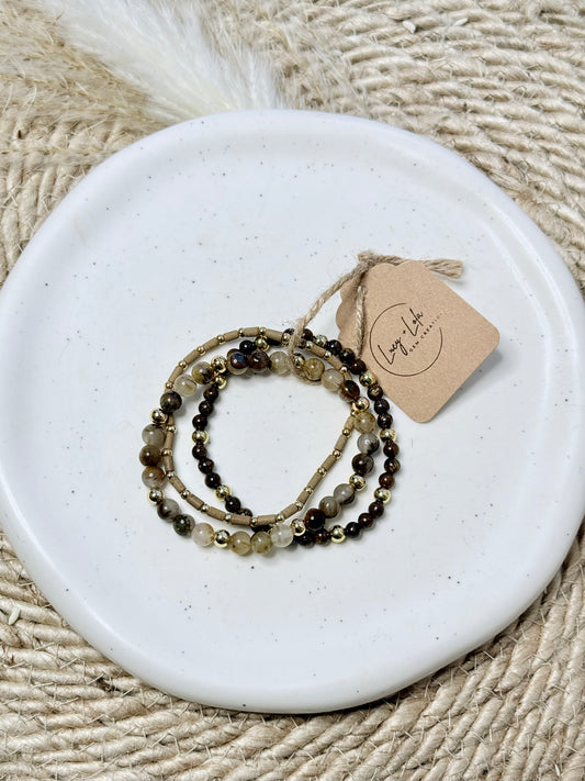 Tiger Eye + Bronzite in Gold Stack (3-stack)