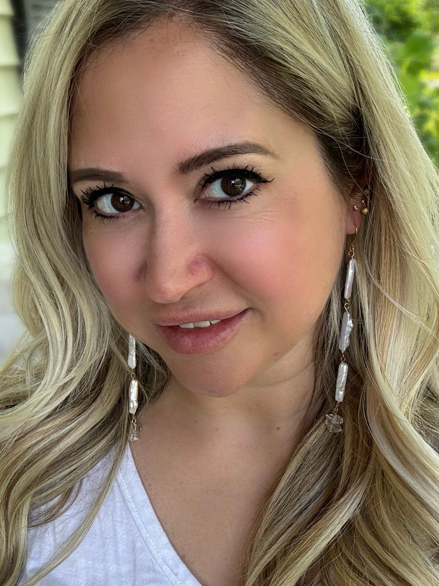 Freshwater Biwa Pearls + Herkimer Diamond Gold Drop Earrings