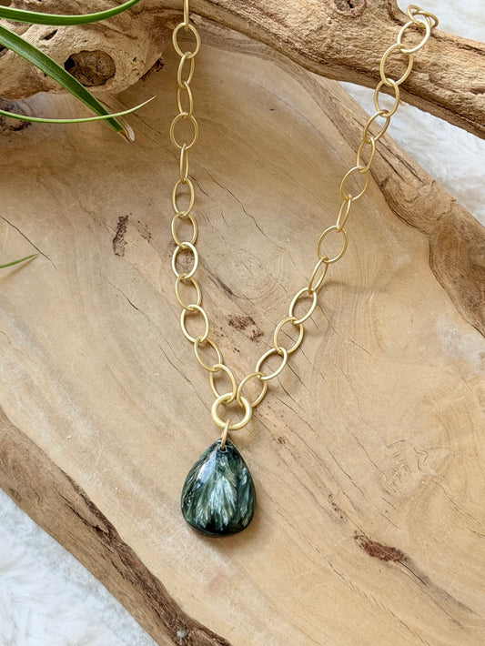 Russian Seraphinite + Matte Gold Necklace