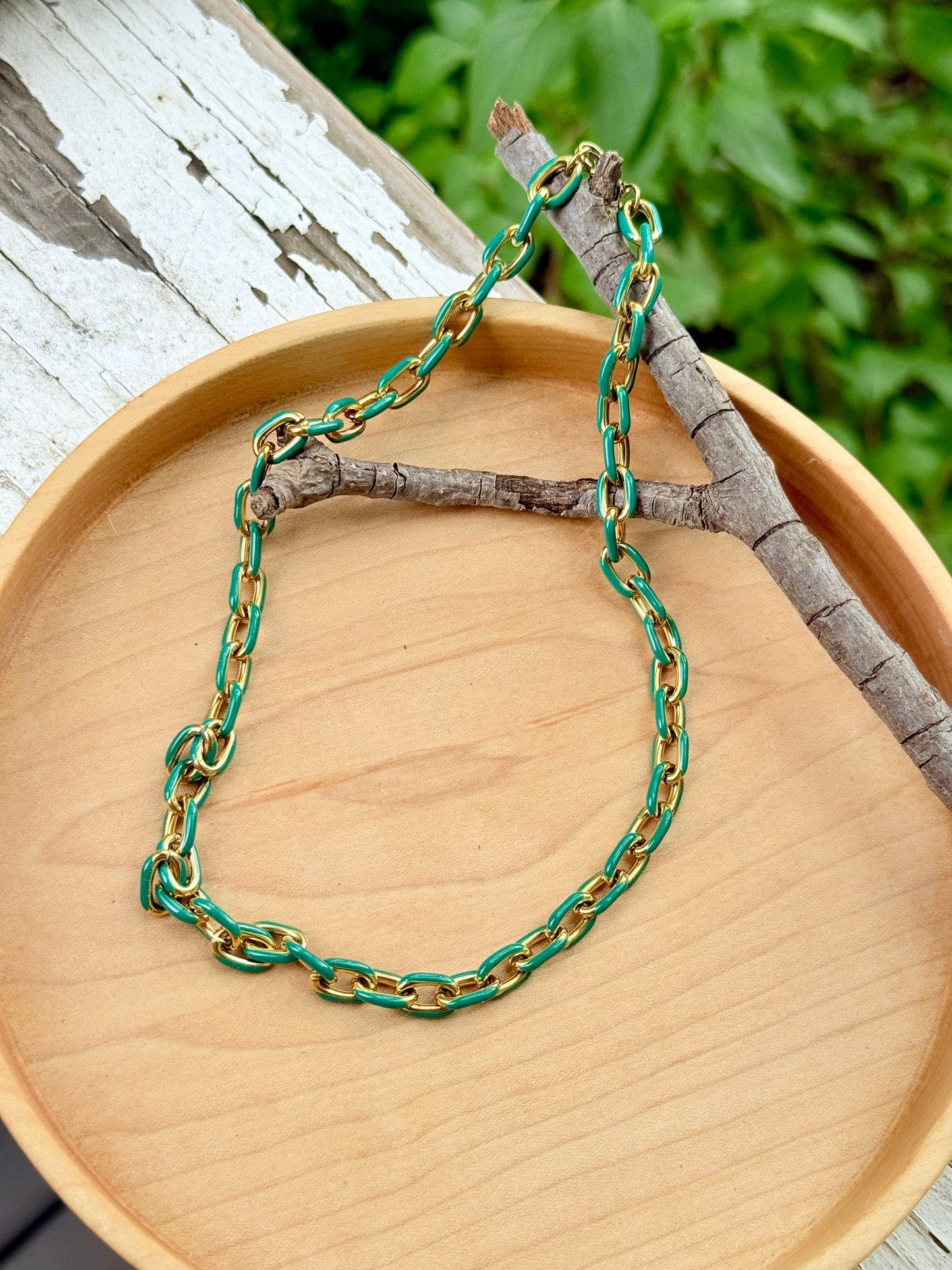 Green + Gold Stainless Steel Link Necklace