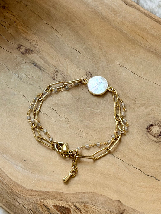 Mother of Pearl + Labradorite Duet Bracelet in Gold Stainless Steel
