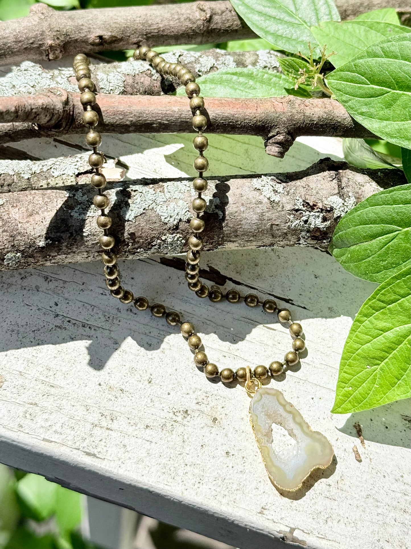 Agate Slice + Antique Brass Necklace