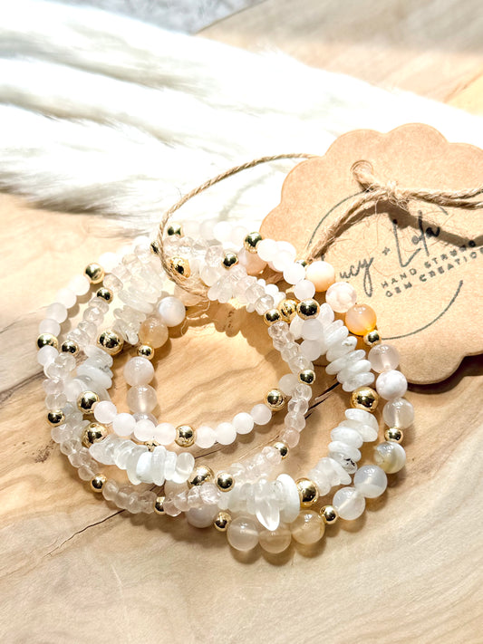 Cherry Blossom Agate +  Rose Quartz Gold Stack (4-stack)