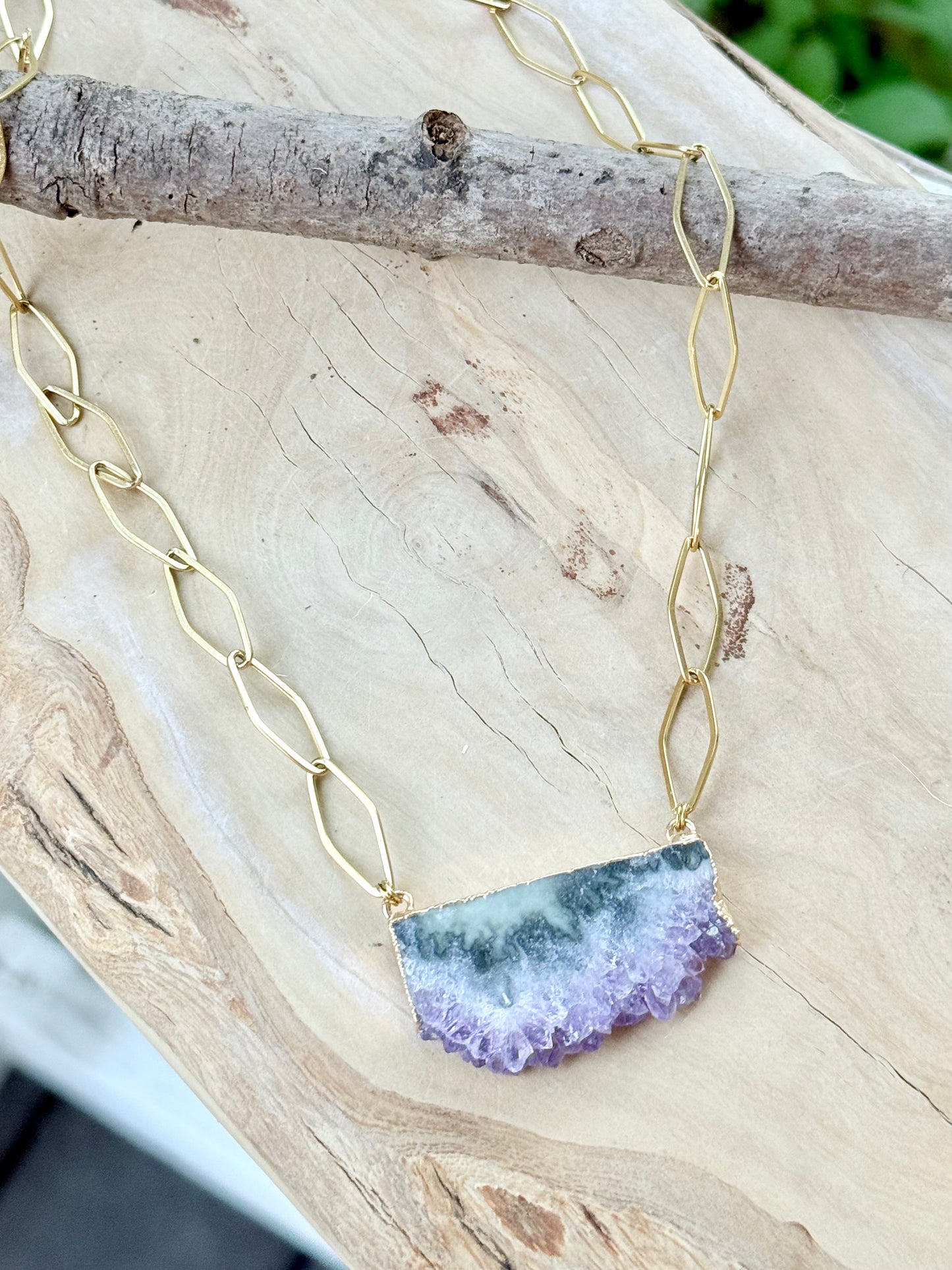 Amethyst Slice + Gold Stainless Steel Chain Necklace