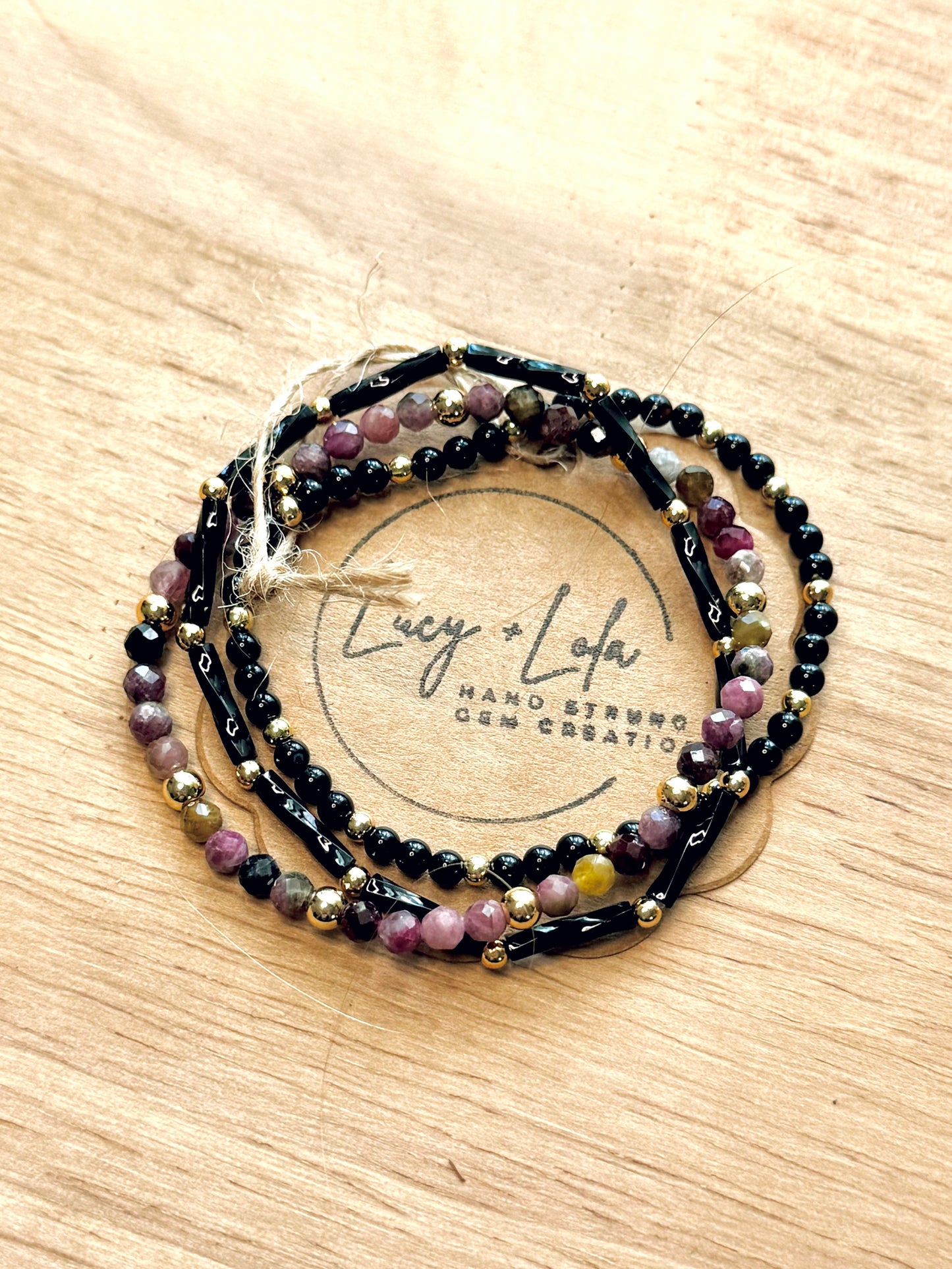 Black Onyx + Tourmaline in Gold (3-stack)