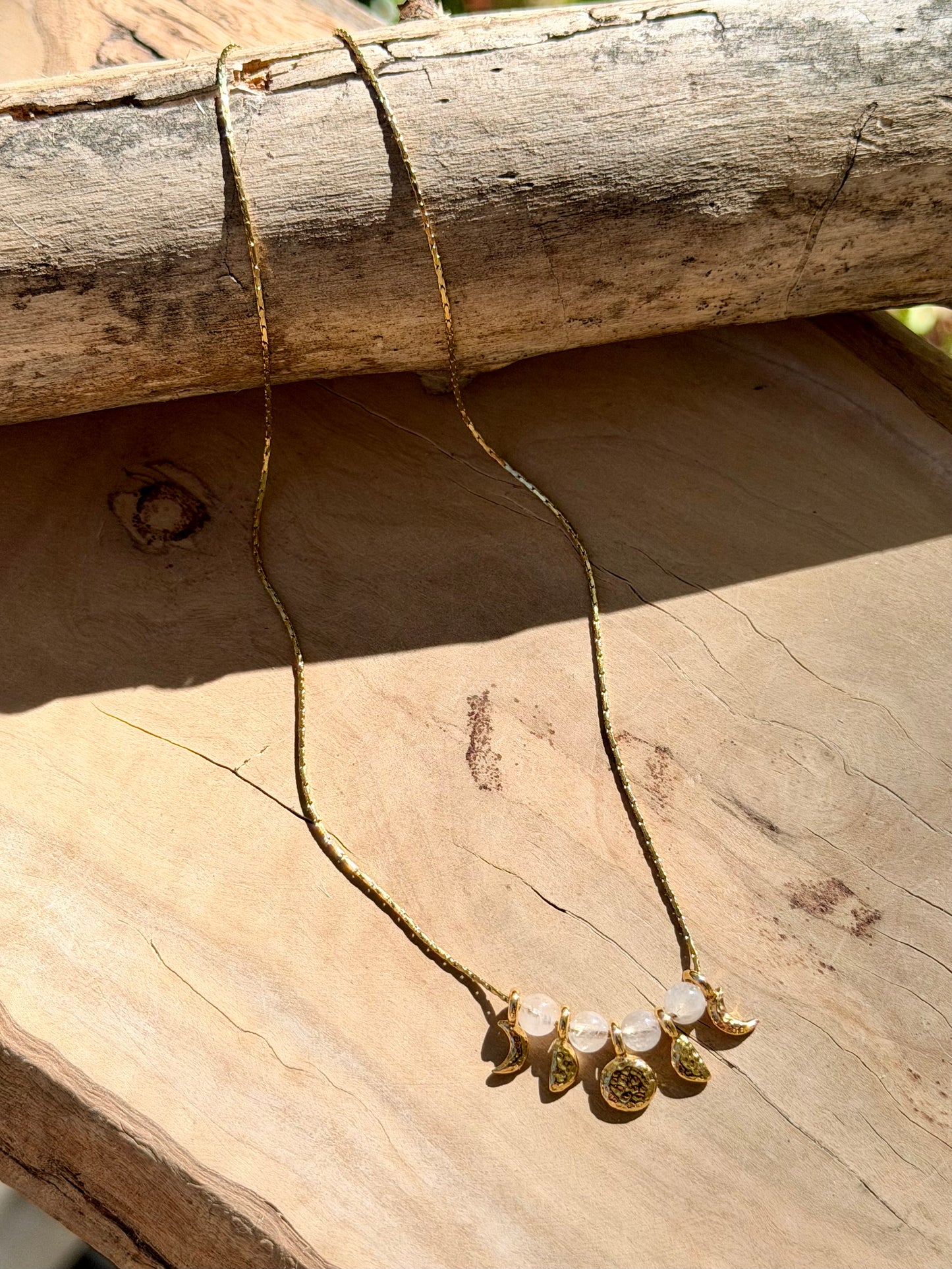 Rainbow Moonstone + Gold Moon Phases Necklace