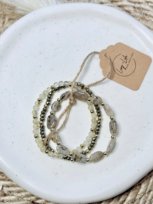 Moss Quartz + Hematite in Gold Stack (3-stack)