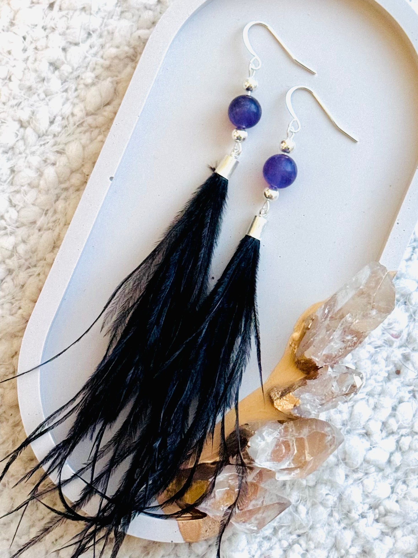Amethyst + Silver Black Feather Earrings