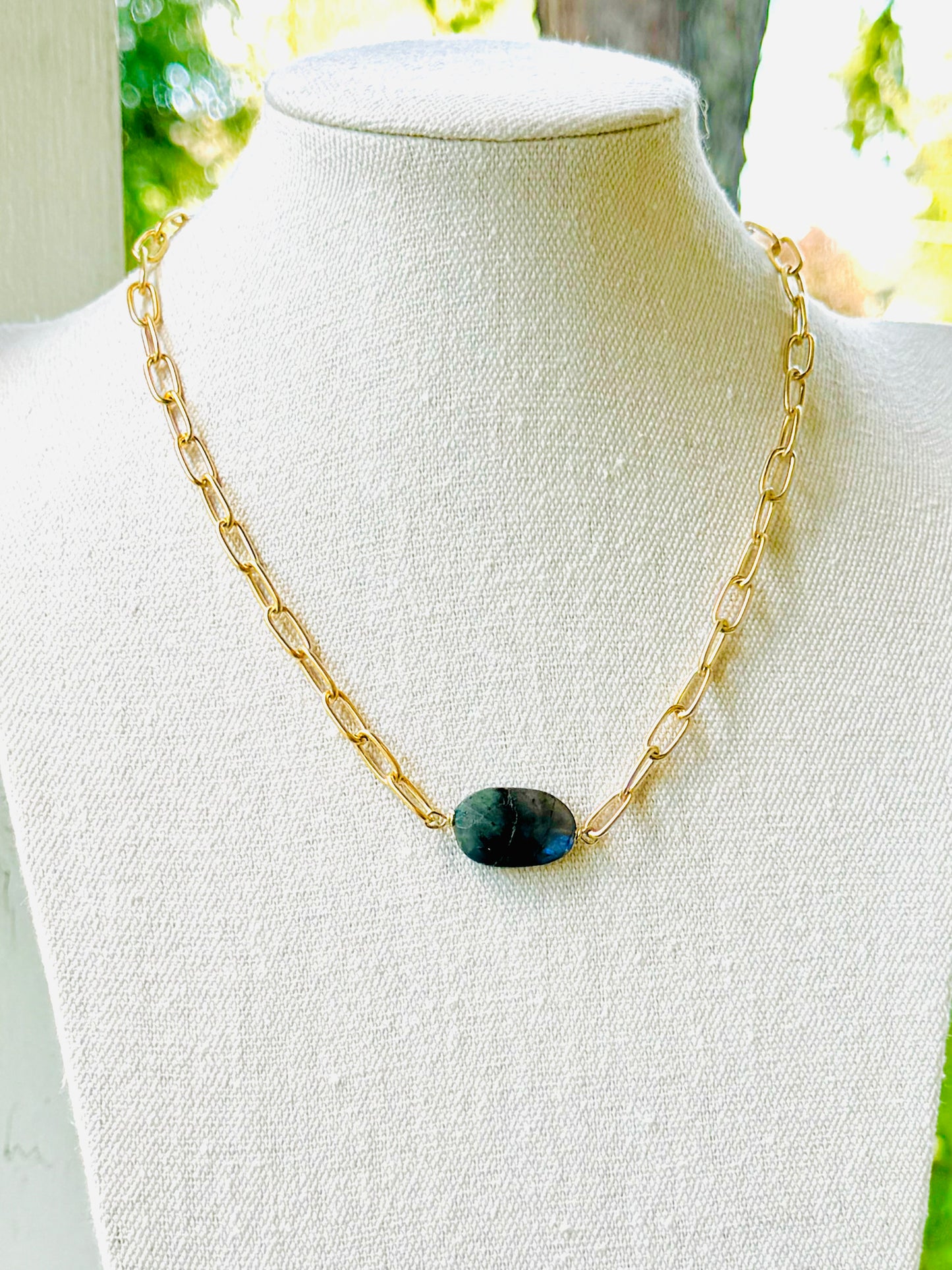 Labradorite Oval + Gold Paperclip Necklace