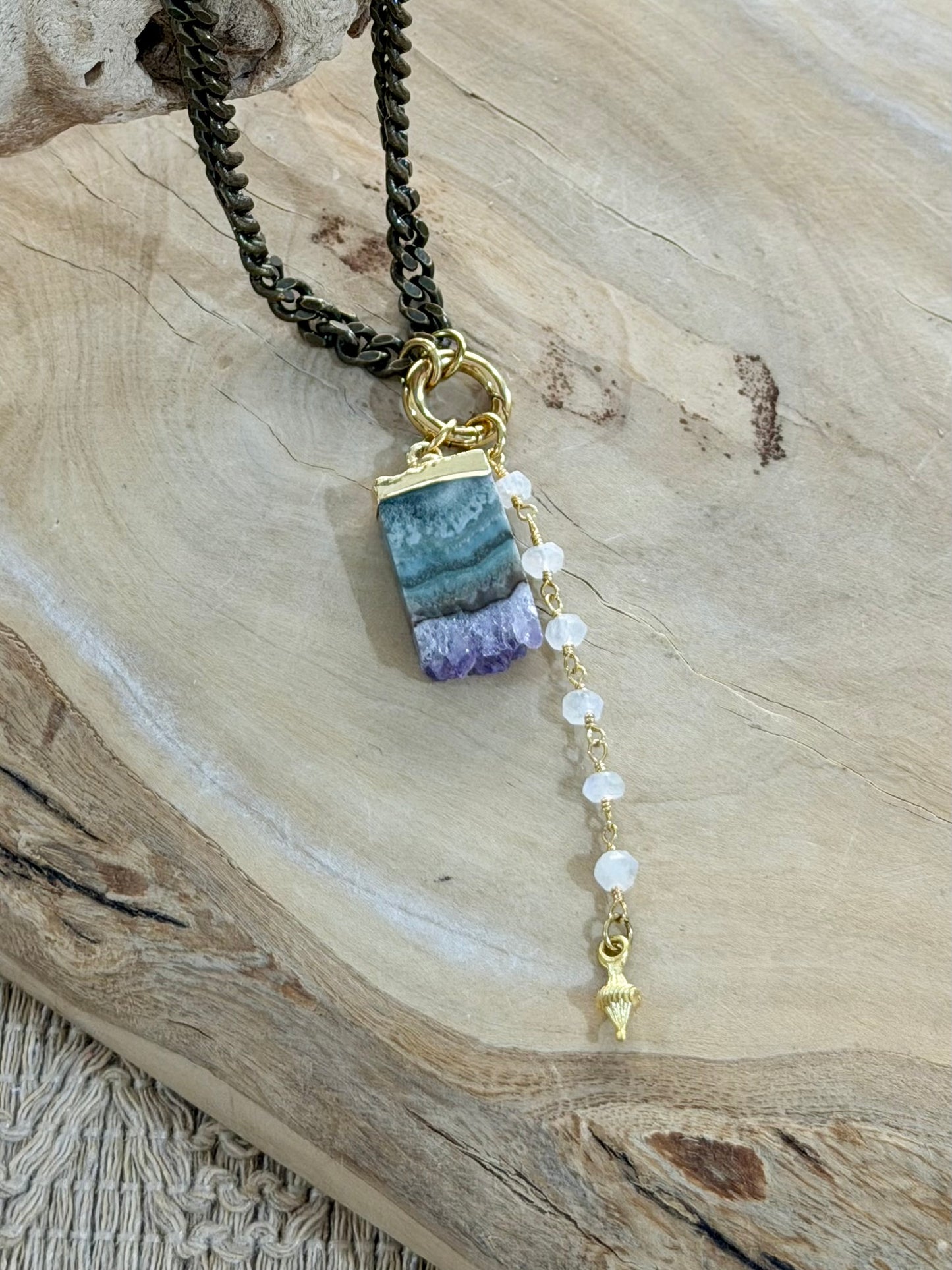 Amethyst Stalactite + Moonstone Antique Brass Necklace