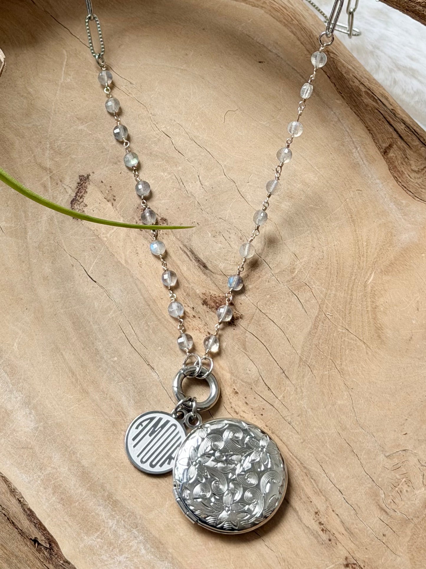 Labradorite + Stainless Steel Locket, Carabiner Charm Necklace