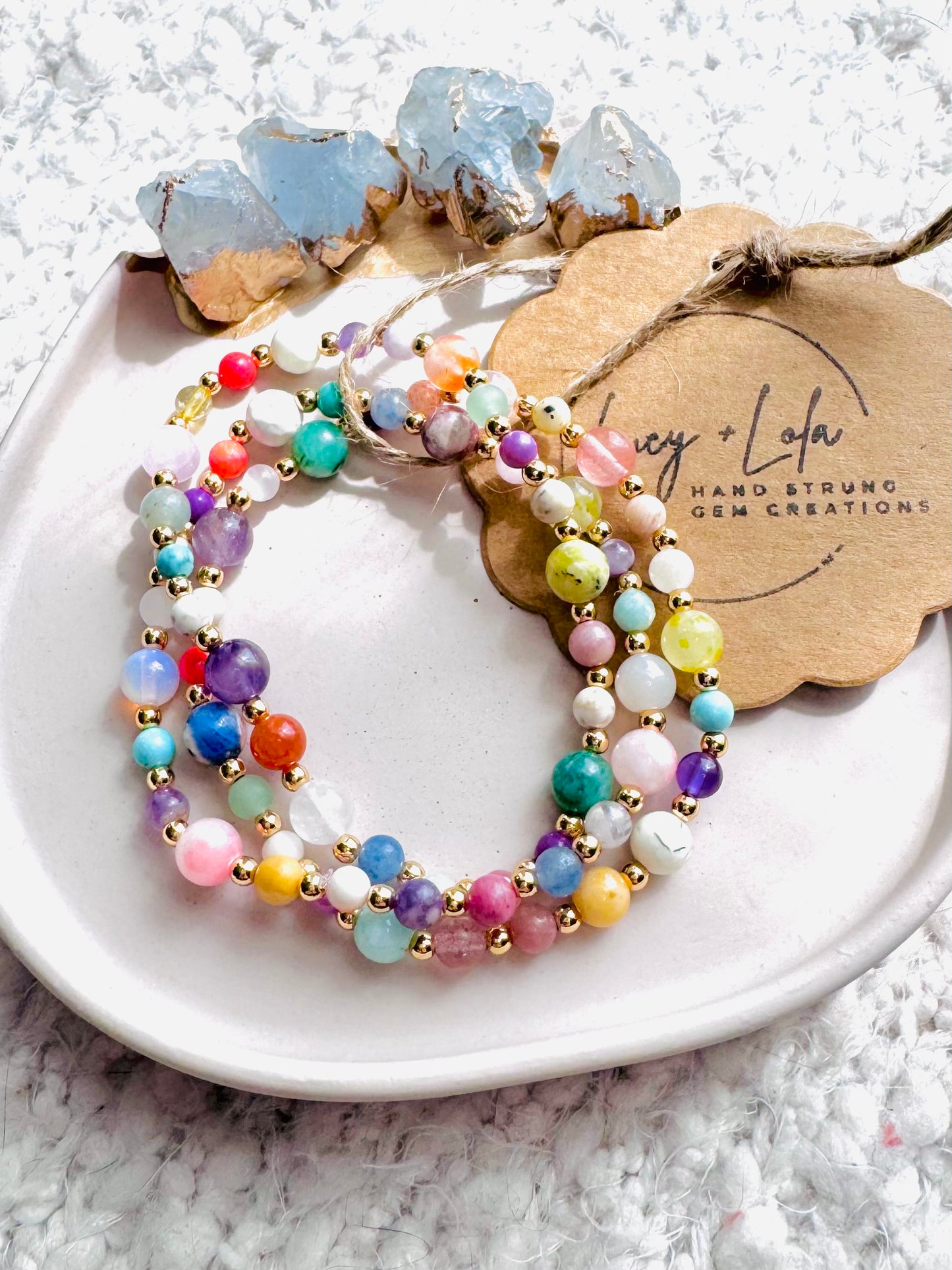 Rainbow Mixed Gems + Gold (3-stack)