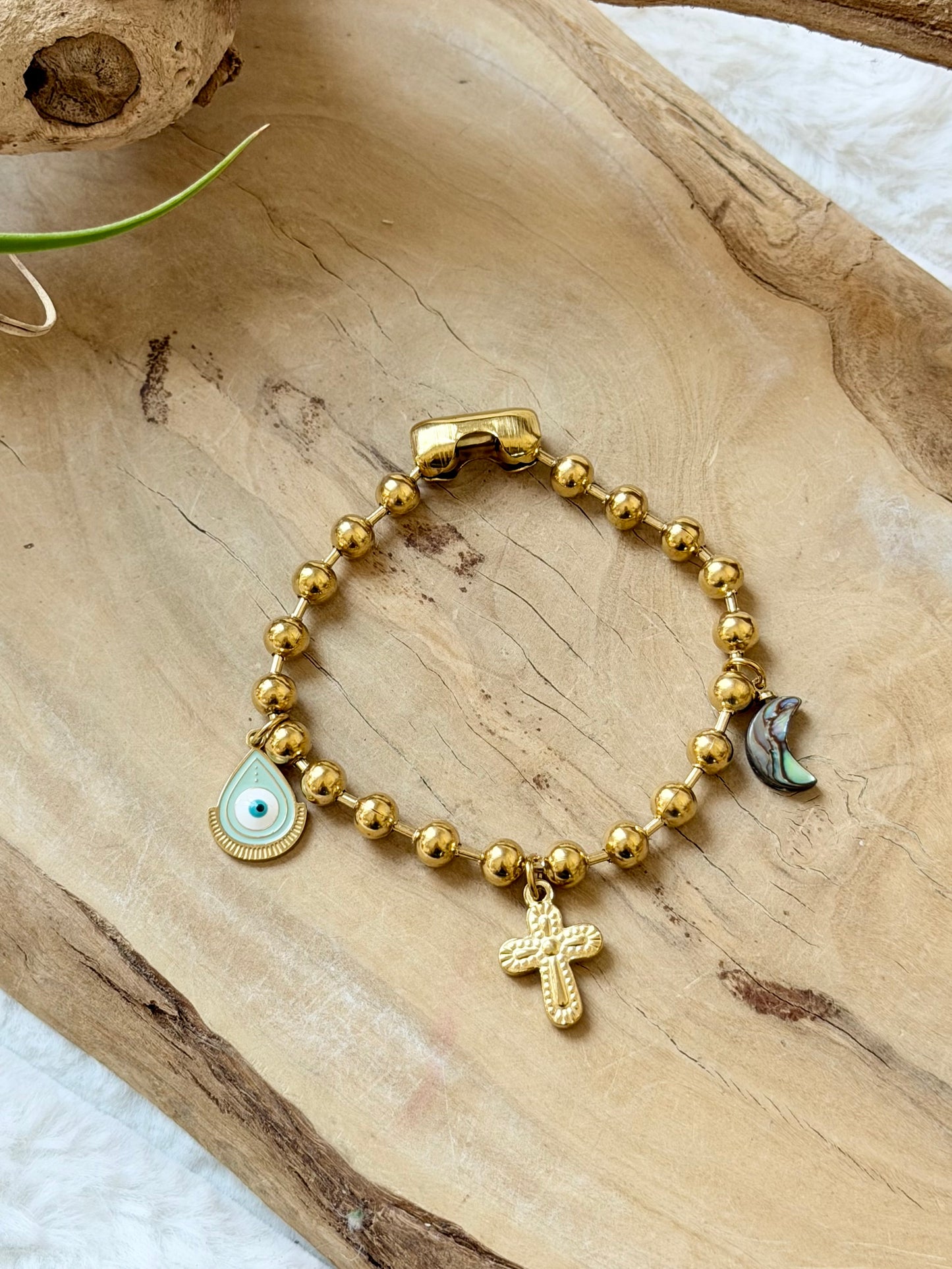 Abalone Shell Moon + Gold Stainless Ball Chain Charm Bracelet