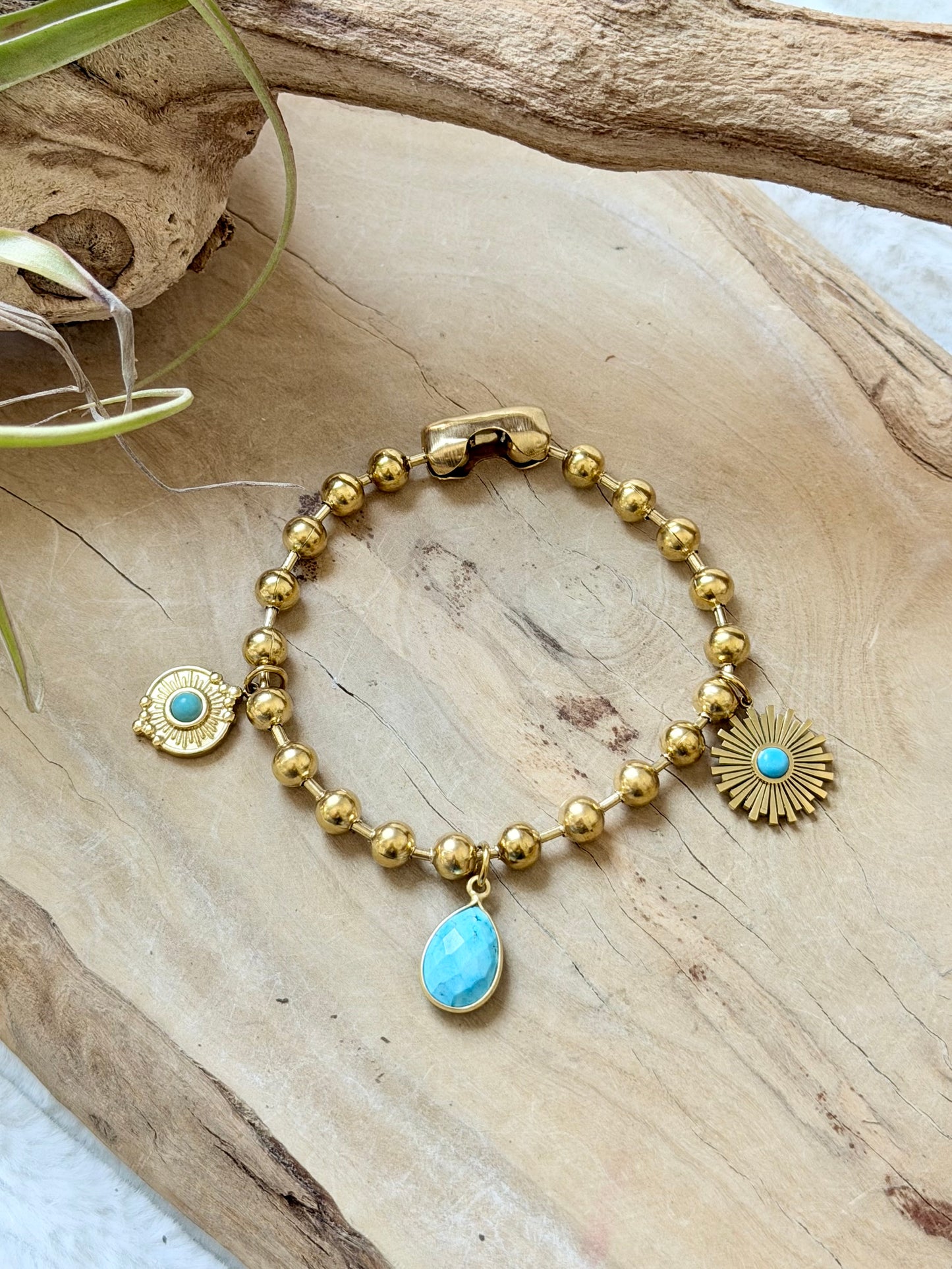 Turquoise + Gold Stainless Ball Chain Charm Bracelet