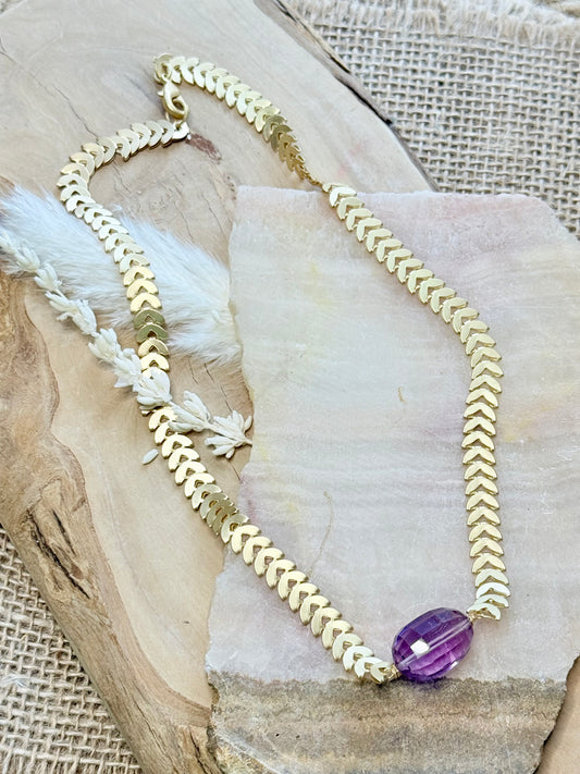 Amethyst + Matte Gold Half-Moon Chain Necklace