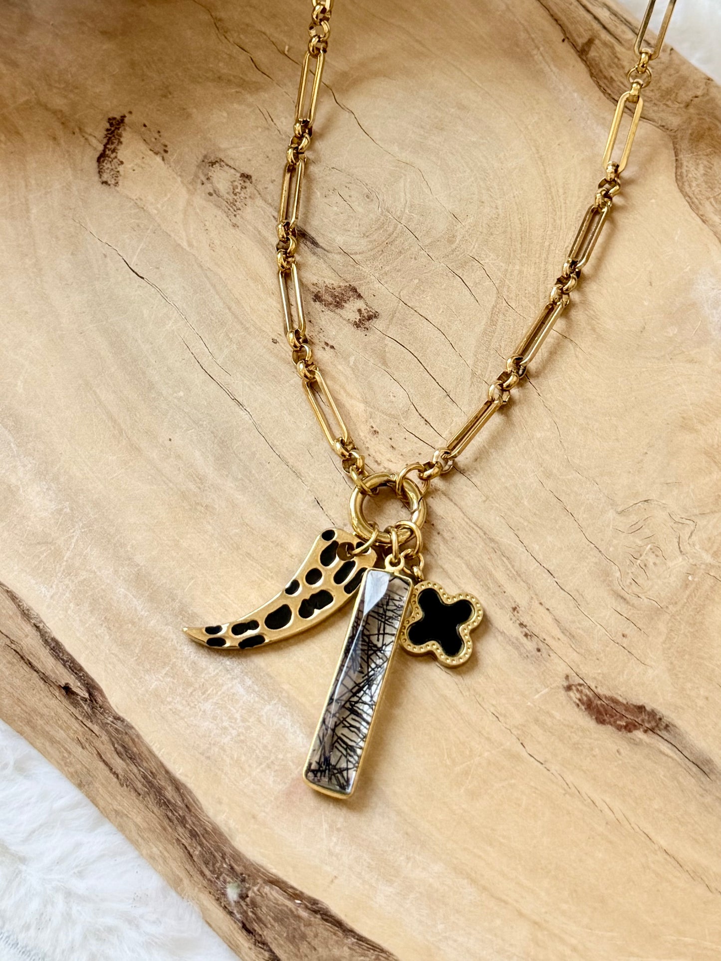 Quartz with Black + Gold Carabiner Charm Necklace