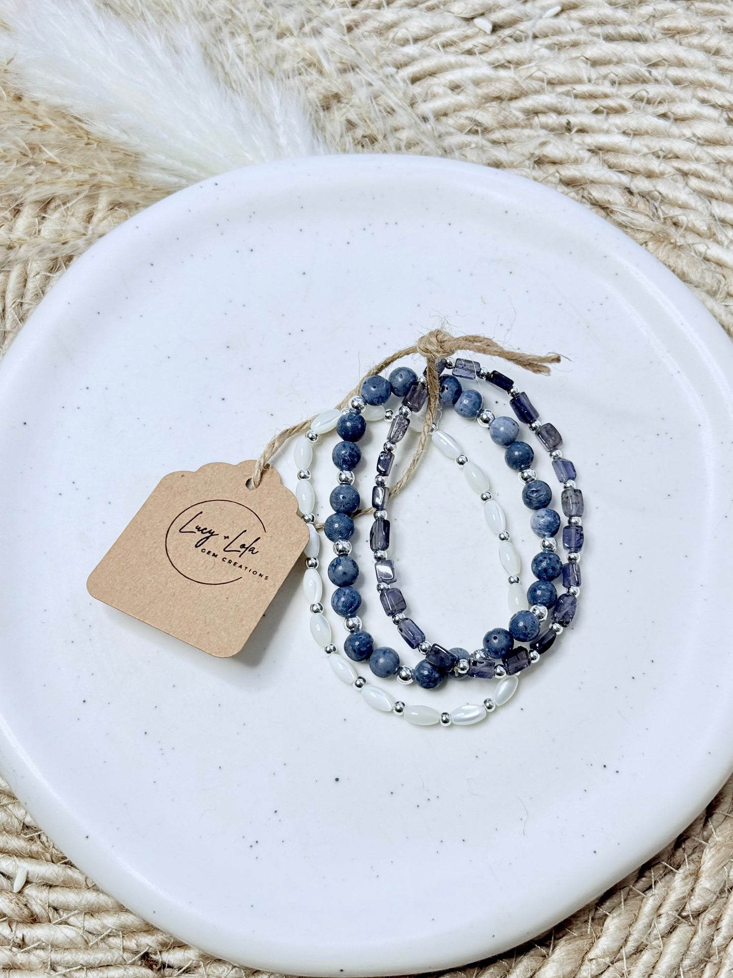 Blue Sponge Coral + Iolite in Silver Stack (3-stack)