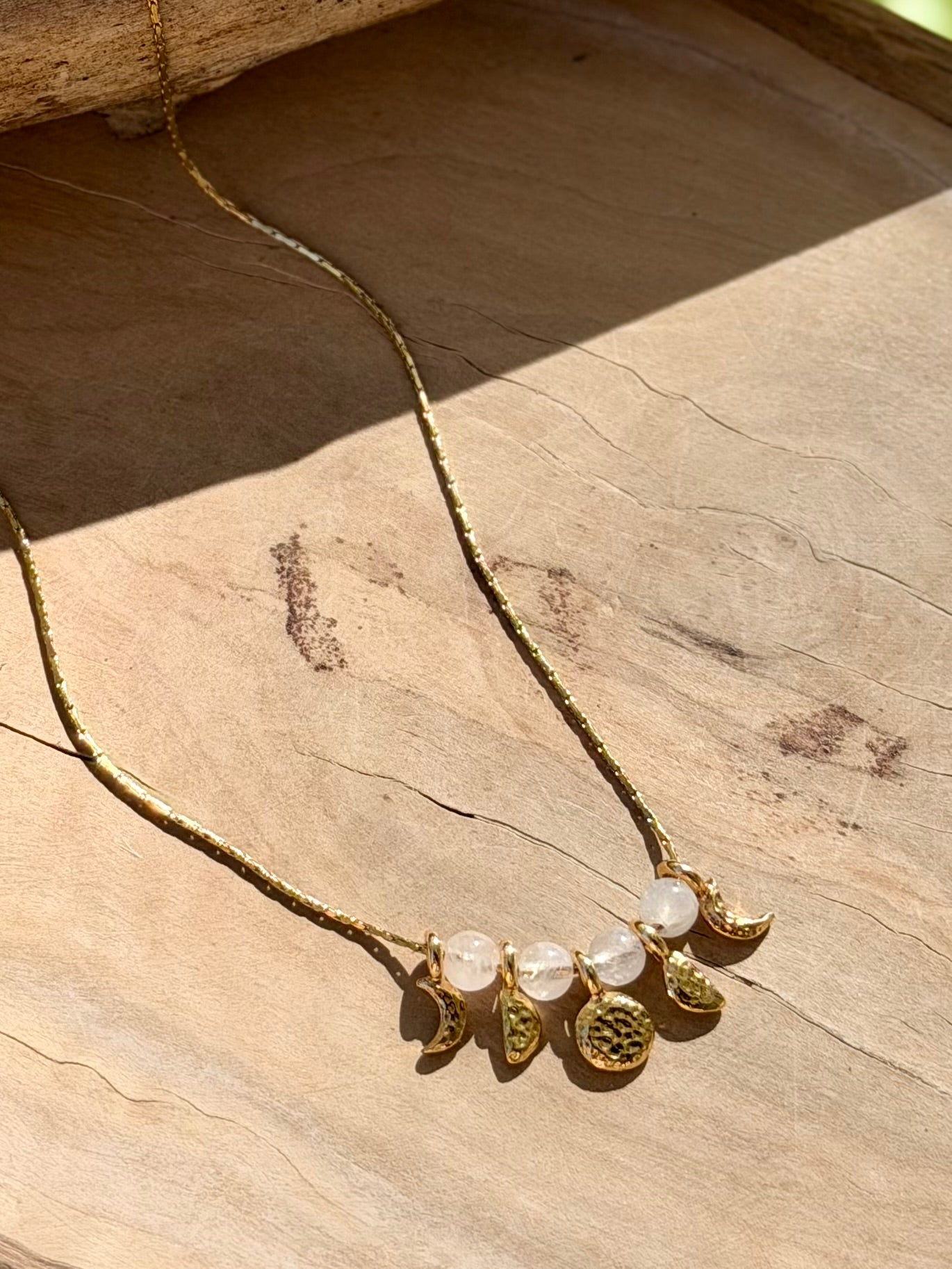 Rainbow Moonstone + Gold Moon Phases Necklace