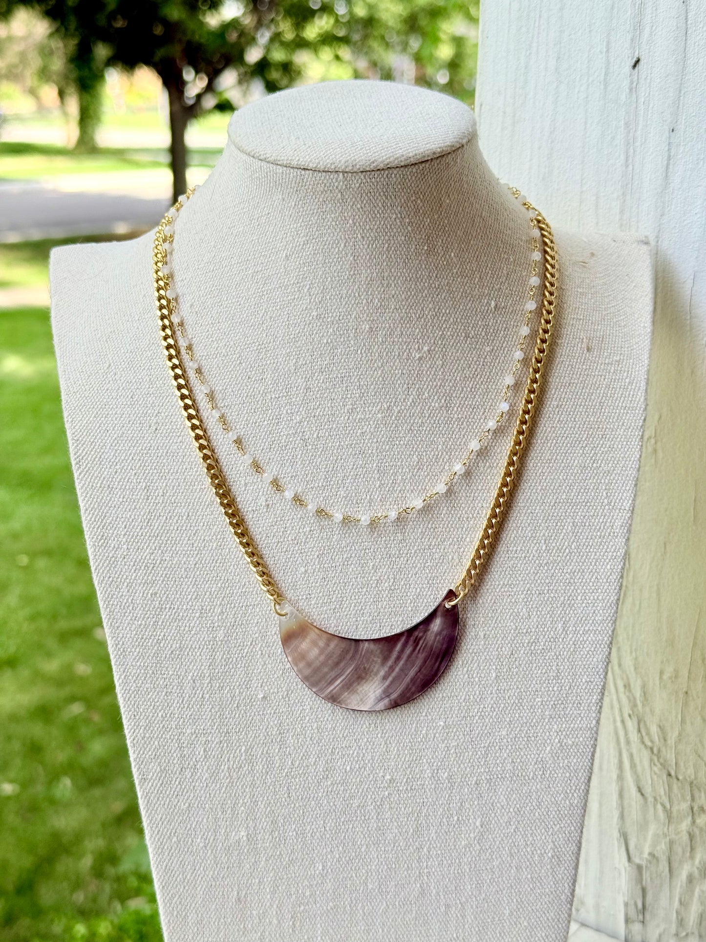 Mother of Pearl Crescent + Moonstone Matte Gold Duet Necklace
