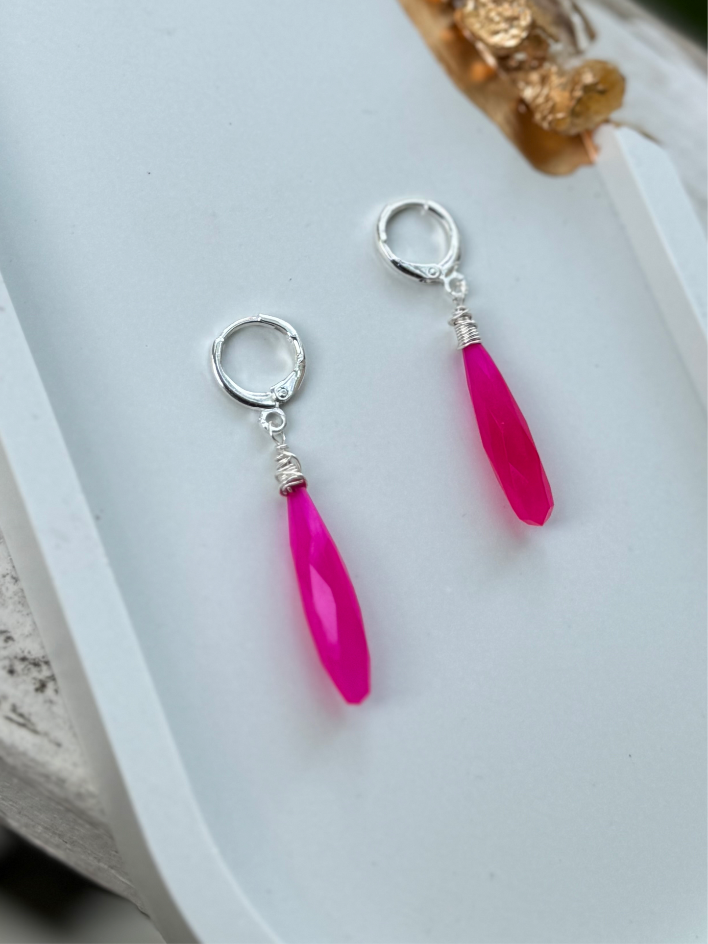 Pink Chalcedony + Silver Huggie Earrings