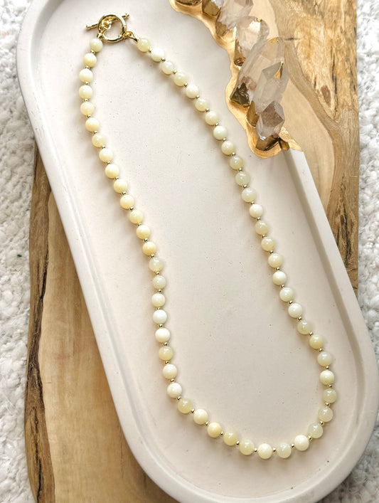 Milky Green Opal + Gold Beaded Necklace