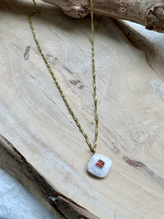 Rainbow Moonstone + Garnet Gold Necklace