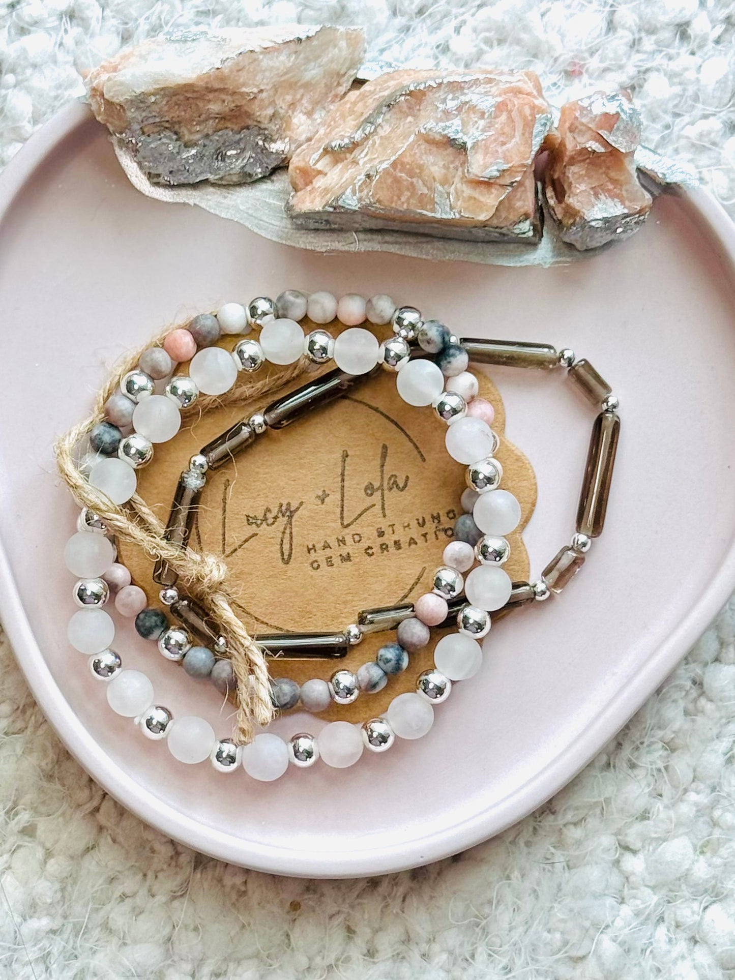 Quartz + Jasper in Silver (3-stack)