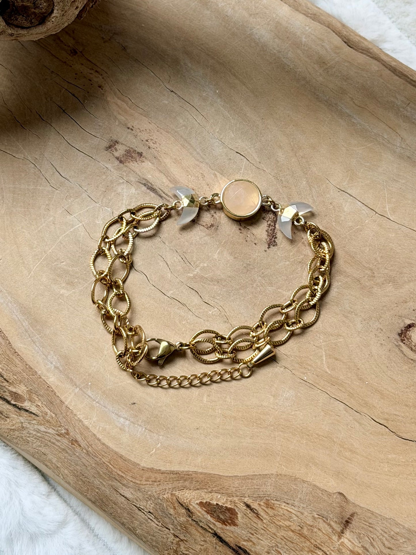 Rose Quartz + Chalcedony Gold Moon Bracelet