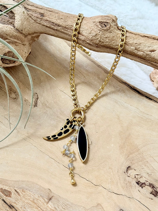 Black Onyx + Labradorite Gold Carabiner Charm Necklace