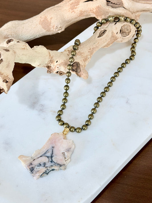 Pink Opal + Antique Brass Necklace
